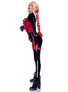 Weiblicher Joker, Kostüm-Catsuit, lange Ärmel, Schnallen, eingebauter Strumpfbandgurte, Front-Reißverschluss